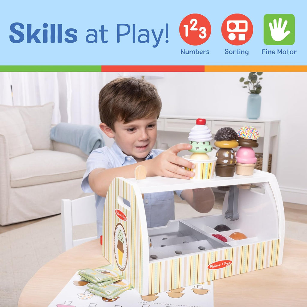 Melissa & Doug Wooden Scoop & Serve Ice Cream Counter, Pretend Play Store, 28 Toy Food & Play Kitchen Accessories, Preschool Toys for Girls & Boys 3+