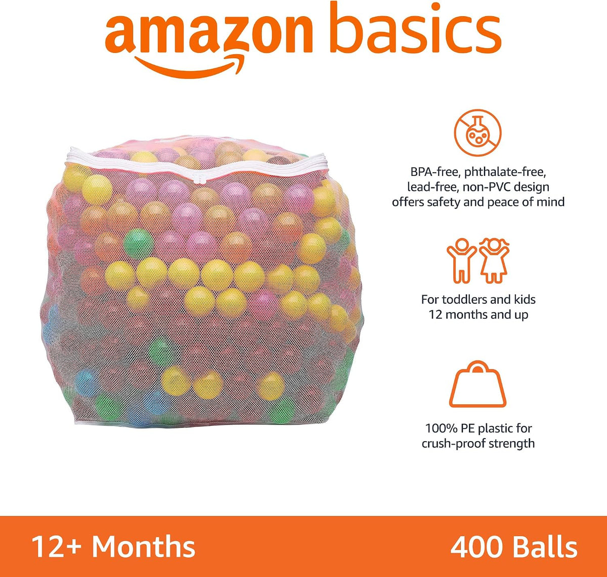 Amazon Basics BPA Free Ball Pit Balls with Storage Bag, Crush-Proof Plastic for Toddlers Kids 12+ Months Play, Phthalate Free, 6 Bright Colors, Pack of 400